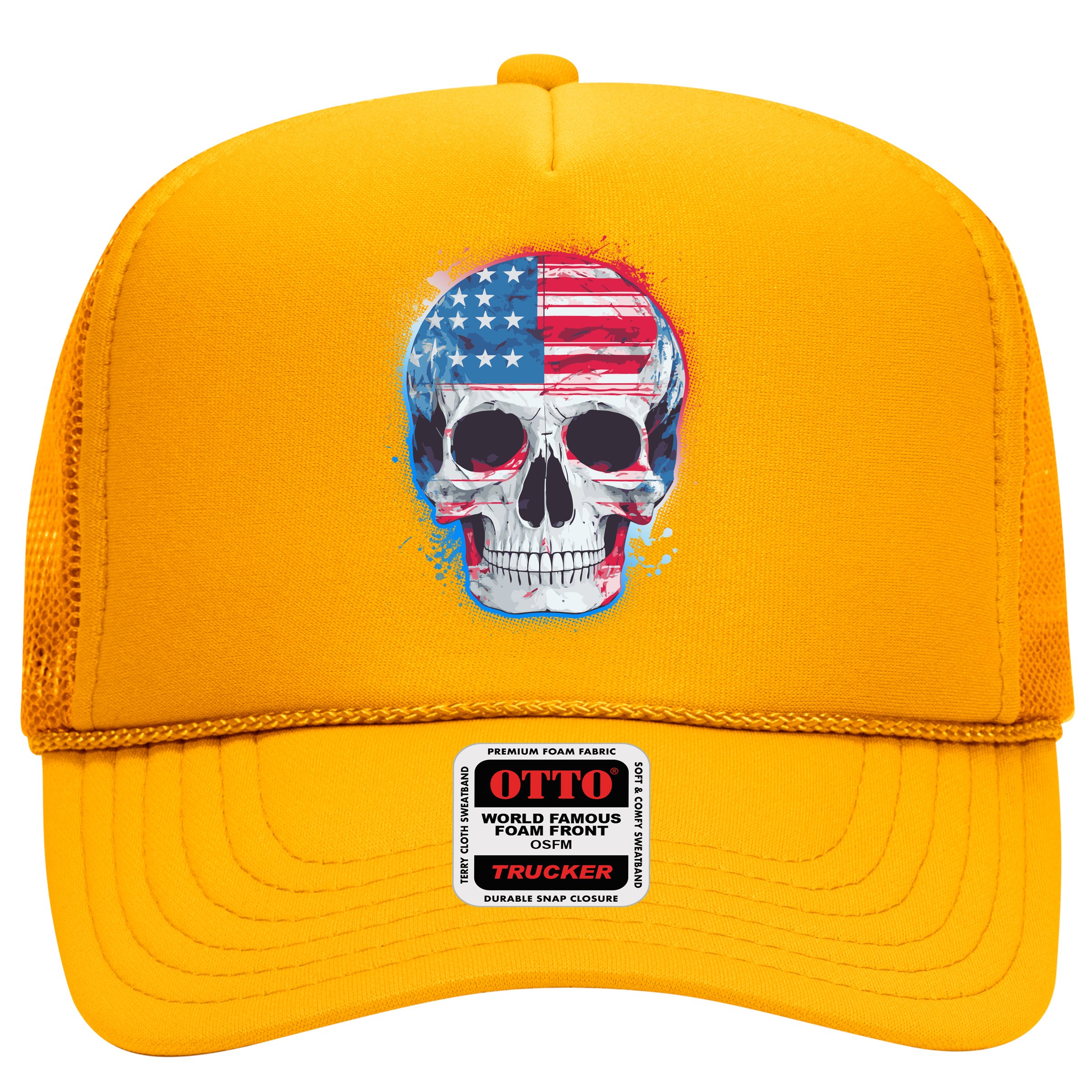 Grunge Paint USA American Flag Smiling Skull Hat