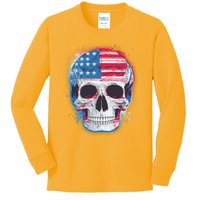 Grunge Paint USA American Flag Smiling Skull Kids Long Sleeve Shirt