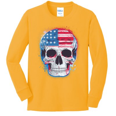 Grunge Paint USA American Flag Smiling Skull Kids Long Sleeve Shirt