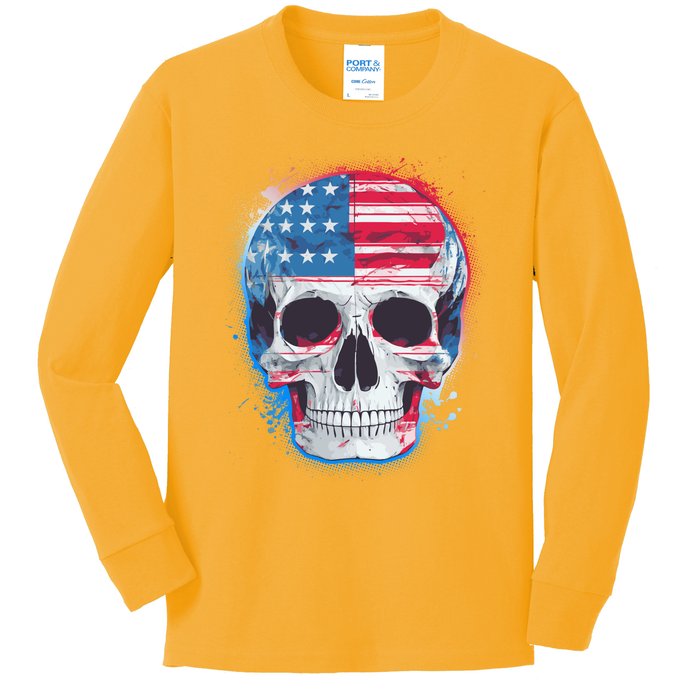 Grunge Paint USA American Flag Smiling Skull Kids Long Sleeve Shirt