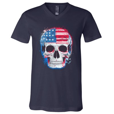 Grunge Paint USA American Flag Smiling Skull V-Neck T-Shirt