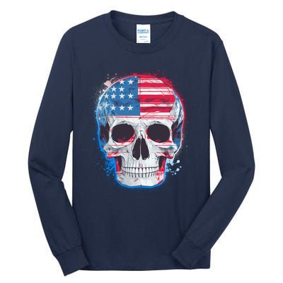 Grunge Paint USA American Flag Smiling Skull Tall Long Sleeve T-Shirt