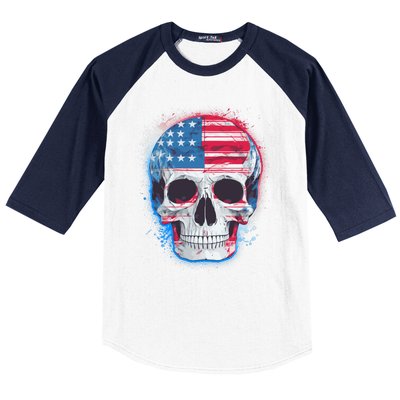 Grunge Paint USA American Flag Smiling Skull Baseball Sleeve Shirt