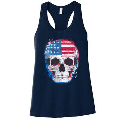 Grunge Paint USA American Flag Smiling Skull Women's Racerback Tank