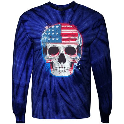 Grunge Paint USA American Flag Smiling Skull Tie-Dye Long Sleeve Shirt