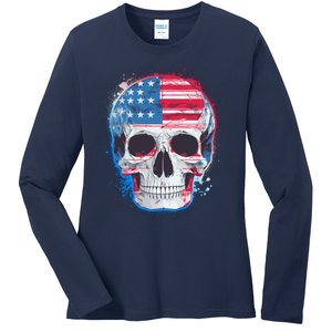 Grunge Paint USA American Flag Smiling Skull Ladies Long Sleeve Shirt