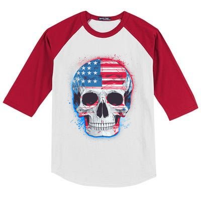 Grunge Paint USA American Flag Smiling Skull Kids Colorblock Raglan Jersey