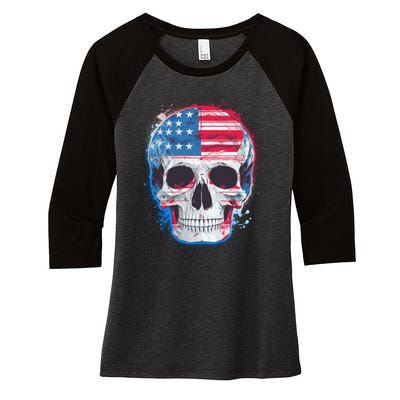 Grunge Paint USA American Flag Smiling Skull Women's Tri-Blend 3/4-Sleeve Raglan Shirt