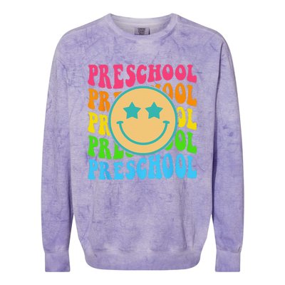 Groovy Preschool Vibes Face Retro Teachers Back To School Colorblast Crewneck Sweatshirt