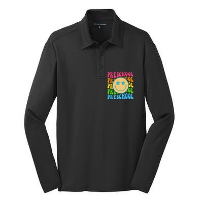 Groovy Preschool Vibes Face Retro Teachers Back To School Silk Touch Performance Long Sleeve Polo