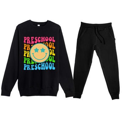 Groovy Preschool Vibes Face Retro Teachers Back To School Premium Crewneck Sweatsuit Set