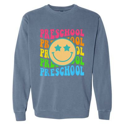 Groovy Preschool Vibes Face Retro Teachers Back To School Garment-Dyed Sweatshirt