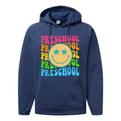 Groovy Preschool Vibes Face Retro Teachers Back To School Performance Fleece Hoodie