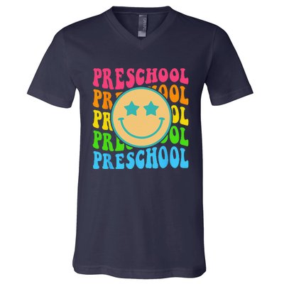 Groovy Preschool Vibes Face Retro Teachers Back To School V-Neck T-Shirt