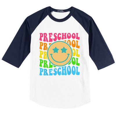 Groovy Preschool Vibes Face Retro Teachers Back To School Baseball Sleeve Shirt