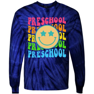 Groovy Preschool Vibes Face Retro Teachers Back To School Tie-Dye Long Sleeve Shirt