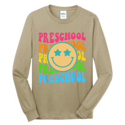 Groovy Preschool Vibes Face Retro Teachers Back To School Tall Long Sleeve T-Shirt