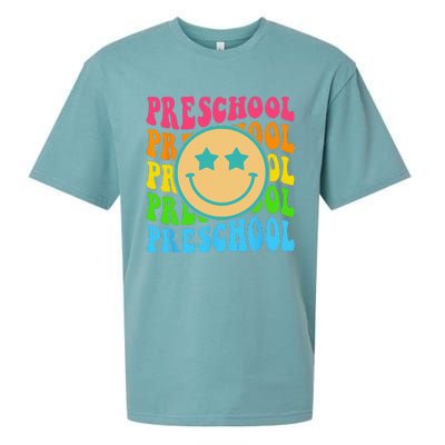 Groovy Preschool Vibes Face Retro Teachers Back To School Sueded Cloud Jersey T-Shirt