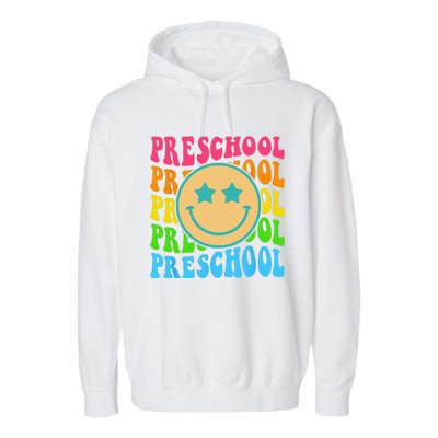 Groovy Preschool Vibes Face Retro Teachers Back To School Garment-Dyed Fleece Hoodie