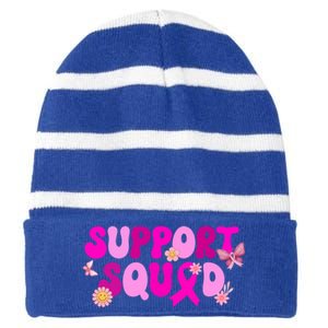 Groovy Pink Warrior Breast Cancer Awareness Support Squad Gift Striped Beanie with Solid Band