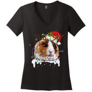 Guinea Pig With Christmas Lights And Santa Hat Xmas Animal Women's V-Neck T-Shirt