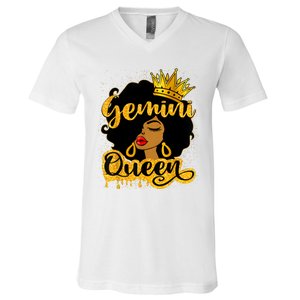 Gemini Queen Zodiac Sign Birthday Girl Afro Black Woman V-Neck T-Shirt