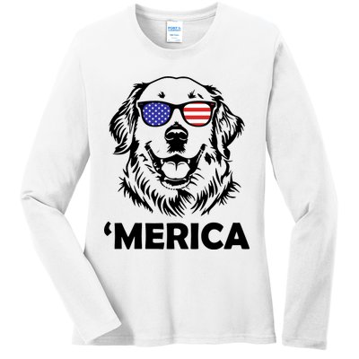 Golden Retriever 4th Of July Merica Ladies Long Sleeve Shirt