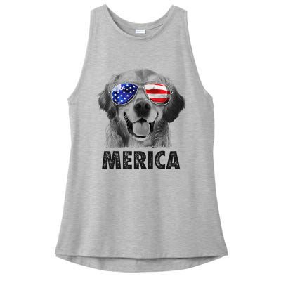 Golden Retriever 4th of July Merica American Flag Sunglasses Ladies PosiCharge Tri-Blend Wicking Tank