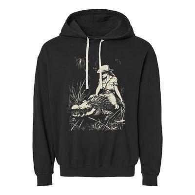 Girl Riding Alligator Weird Funny Florida Crocodile Meme Garment-Dyed Fleece Hoodie