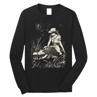 Girl Riding Alligator Weird Funny Florida Crocodile Meme Long Sleeve Shirt