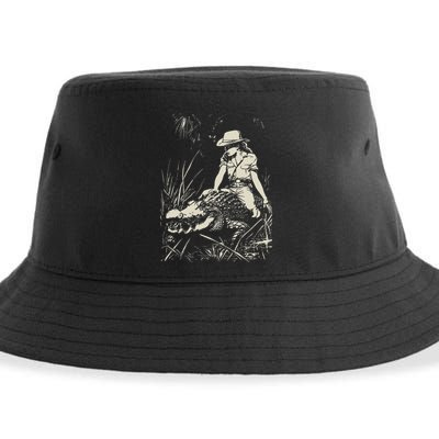Girl Riding Alligator Weird Funny Florida Crocodile Meme Sustainable Bucket Hat
