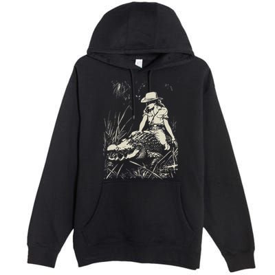 Girl Riding Alligator Weird Funny Florida Crocodile Meme Premium Pullover Hoodie