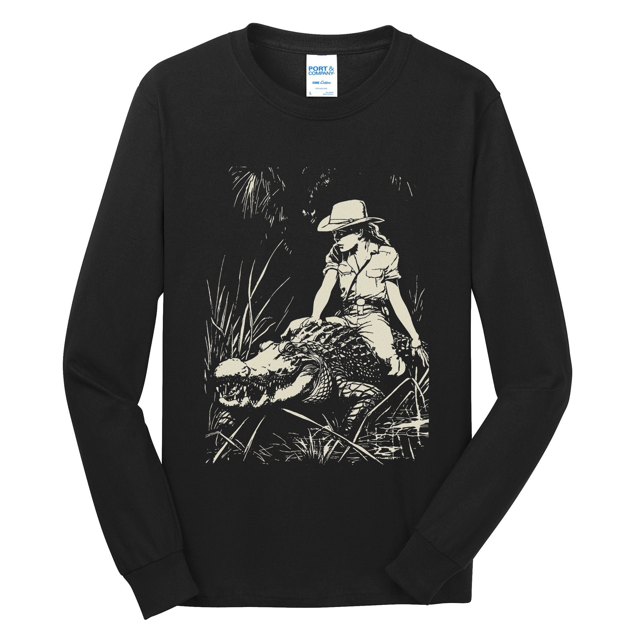 Girl Riding Alligator Weird Funny Florida Crocodile Meme Tall Long Sleeve T-Shirt
