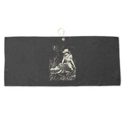 Girl Riding Alligator Weird Funny Florida Crocodile Meme Large Microfiber Waffle Golf Towel