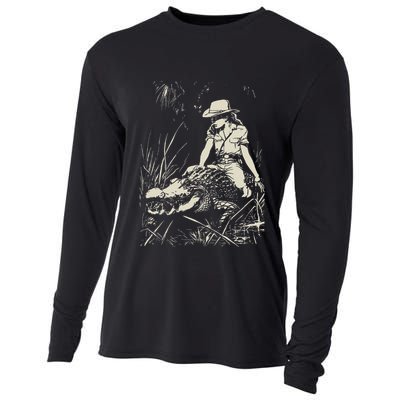 Girl Riding Alligator Weird Funny Florida Crocodile Meme Cooling Performance Long Sleeve Crew