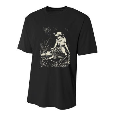 Girl Riding Alligator Weird Funny Florida Crocodile Meme Youth Performance Sprint T-Shirt