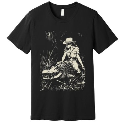 Girl Riding Alligator Weird Funny Florida Crocodile Meme Premium T-Shirt