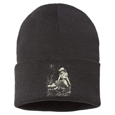 Girl Riding Alligator Weird Funny Florida Crocodile Meme Sustainable Knit Beanie