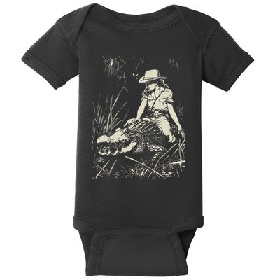 Girl Riding Alligator Weird Funny Florida Crocodile Meme Baby Bodysuit