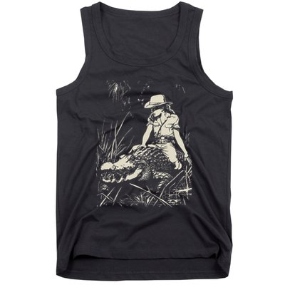 Girl Riding Alligator Weird Funny Florida Crocodile Meme Tank Top