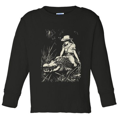 Girl Riding Alligator Weird Funny Florida Crocodile Meme Toddler Long Sleeve Shirt