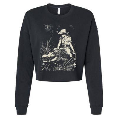 Girl Riding Alligator Weird Funny Florida Crocodile Meme Cropped Pullover Crew