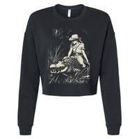 Girl Riding Alligator Weird Funny Florida Crocodile Meme Cropped Pullover Crew