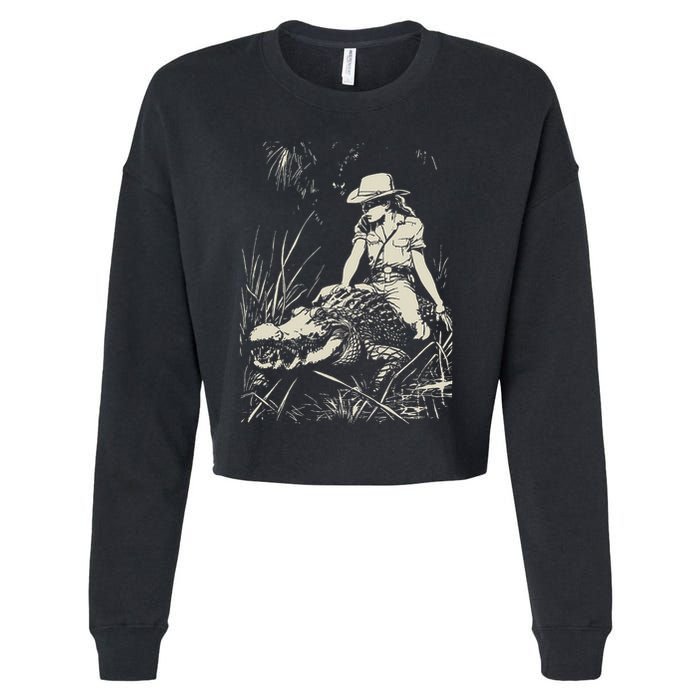 Girl Riding Alligator Weird Funny Florida Crocodile Meme Cropped Pullover Crew