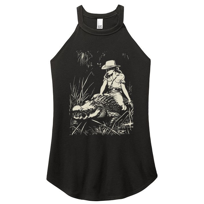 Girl Riding Alligator Weird Funny Florida Crocodile Meme Women's Perfect Tri Rocker Tank
