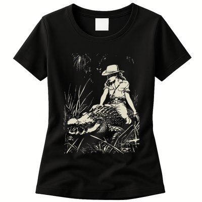 Girl Riding Alligator Weird Funny Florida Crocodile Meme Womens T-Shirt