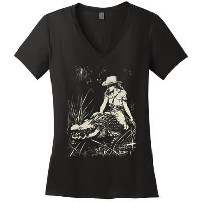 Girl Riding Alligator Weird Funny Florida Crocodile Meme Women's V-Neck T-Shirt