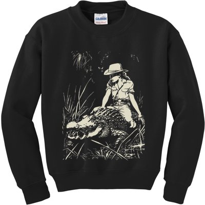 Girl Riding Alligator Weird Funny Florida Crocodile Meme Kids Sweatshirt