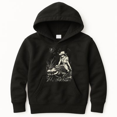 Girl Riding Alligator Weird Funny Florida Crocodile Meme Kids Hoodie