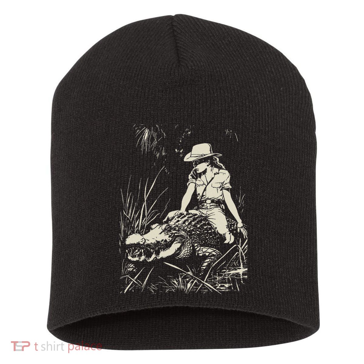 Girl Riding Alligator Weird Funny Florida Crocodile Meme Short Acrylic Beanie